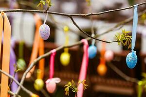 Three decorative Easter eggs hanging on blooming branch. Spring blooming, holiday greeting card template. photo