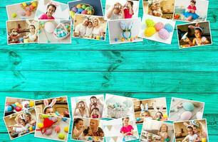 collage of photos of Happy easter day on wood table backgroud. Holiday in spring season. vintage and retro style, top view