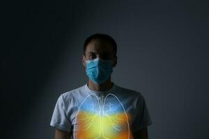 Human lungs, man holding his hand in the area of their lungs. photo