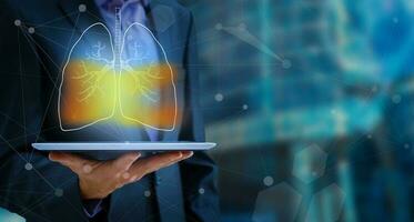 Artificial intelligence in smart healthcare hospital technology concept. AI biomedical algorithm and machine learning detect Pneumonia and cancer cell in X-Rays process. photo
