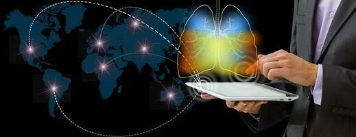 Artificial intelligence in smart healthcare hospital technology concept. AI biomedical algorithm and machine learning detect Pneumonia and cancer cell in X-Rays process. photo