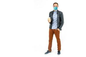 Protection against contagious disease, coronavirus. Man wearing hygienic mask to prevent infection, airborne respiratory illness such as flu, 2019-nCoV. indoor studio shot isolated on white background photo