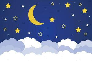 Crescent moon and stars with clouds on a dark background of the night sky. Paper art. Night scene background. vector