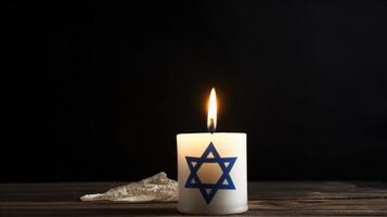 Burning candle and flag of Israel. Holocaust memory day. Illustration photo