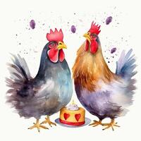 Cute watercolor two chicken. Illustration photo