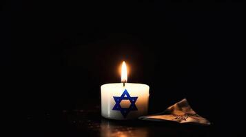 Burning candle and flag of Israel. Holocaust memory day. Illustration photo