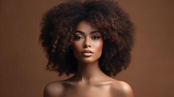 Beauty portrait of African American girl with afro hair. Illustration AI Generative photo