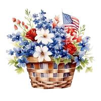 USA flag and flowers in basket. watercolor. Illustration photo