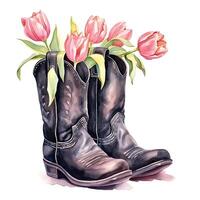 Watercolor cowboy boots with flowers. Illustration photo