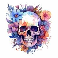 Watercolor skull with flowers. Illustration photo