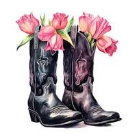 acuarela vaquero botas con flores ilustración ai generativo foto