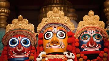 señor jagannath, balabhadra y subhadra en anual rathayatra ilustración ai generativo foto