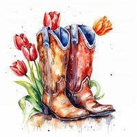 Watercolor cowboy boots with flowers. Illustration photo