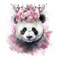 acuarela panda con flor corona. ilustración ai generativo foto