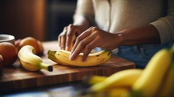 Woman Hands Cutting Banana on a Cutting Board Illustration photo