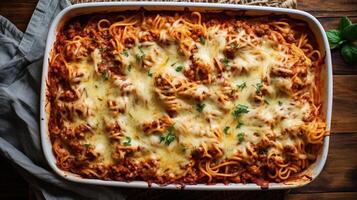 Homemade Spaghetti Breakfast Casserole in a Baking Dish. Illustration photo