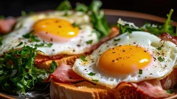 Fried eggs sunny side up on french baguette, ham Illustration photo