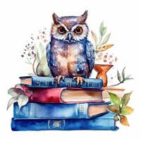 Watercolor books wuth owl. Illustration photo