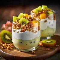 Mango yogurt with granola and kiwi in wooden bowl Illustration photo