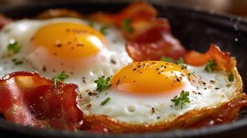 Fried eggs sunny side up on french baguette, ham Illustration photo