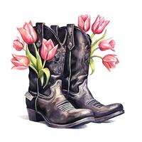 Watercolor cowboy boots with flowers. Illustration photo