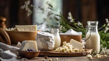 Dairy products on rustic wooden table Illustration photo