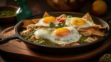 Mexican chilaquiles with fried egg, chicken and spicy green sauce Illustration photo