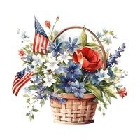 USA flag and flowers in basket. watercolor. Illustration photo