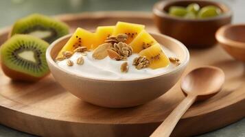 Mango yogurt with granola and kiwi in wooden bowl Illustration photo
