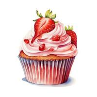 Watercolor strawberry cupcake. Illustration photo