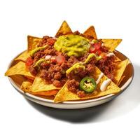 Corn chips nachos with fried minced meat and guacamole isolated Illustration photo