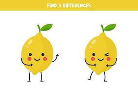 Find three differences between two pictures of cute kawaii lemons. vector