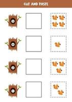 Math game for kids. Count and paste cute squirrels to the tree hollows. vector