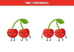 Find three differences between two pictures of cute kawaii cherries. vector