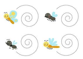 Handwriting practice with cute insects. Tracing lines for preschoolers. Vector illustration.