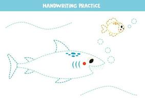Tracing lines for kids. Cute cartoon shark. Writing practice. vector