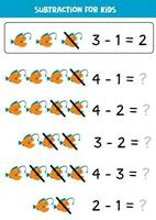 sustracción con linda pescador de caña pez. educativo matemáticas juego para niños. vector