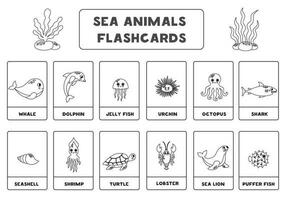 linda dibujos animados mar animales con nombres negro y blanco. tarjetas didácticas para aprendizaje inglés. vector