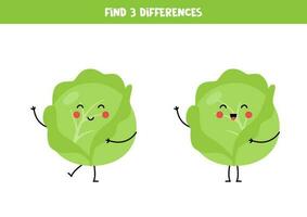 Find three differences between two pictures of cute kawaii cabbages. vector