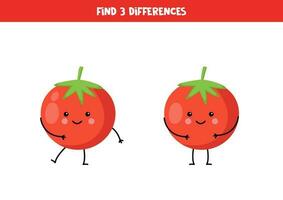 Find three differences between two pictures of cute kawaii tomatoes. vector