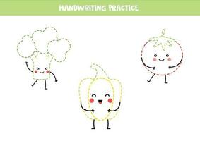 escritura práctica con linda kawaii vegetales. rastreo líneas para preescolares vector ilustración.