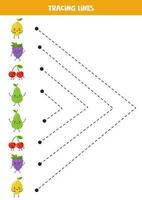 escritura práctica con linda kawaii frutas rastreo líneas para preescolares vector