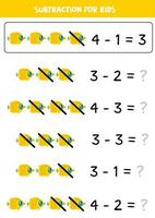 Subtraction with cute yellow butterfly fish. Educational math game for kids. vector