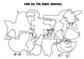 encontrar todas el impuso granja animales encontrar todas siluetas lógico rompecabezas para niños. vector