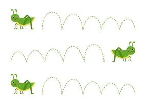 Handwriting practice with cute grasshoppers. Tracing lines for preschoolers. Vector illustration.