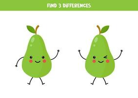 Find three differences between two pictures of cute kawaii pears. vector