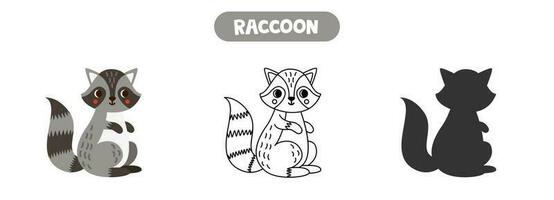 Colorful picture, black and white illustration, vector silhouette. Cute raccoon.