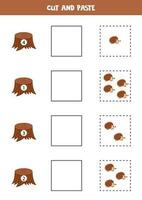 Math game for kids. Count and paste cute hedgehogs to stumps. vector