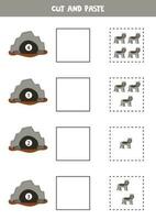 Math game for kids. Count and paste cute wolves to the lairs. vector