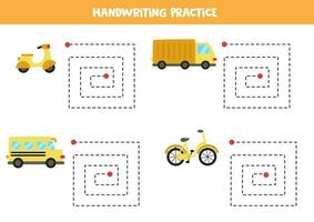 Tracing lines for kids. Transportation means. Handwriting practice. vector